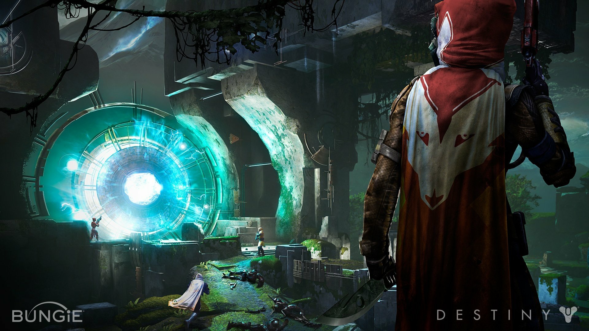 HD PC desktop wallpaper featuring a scene from Destiny video game with a hooded figure overlooking a glowing portal in a mysterious, overgrown environment.