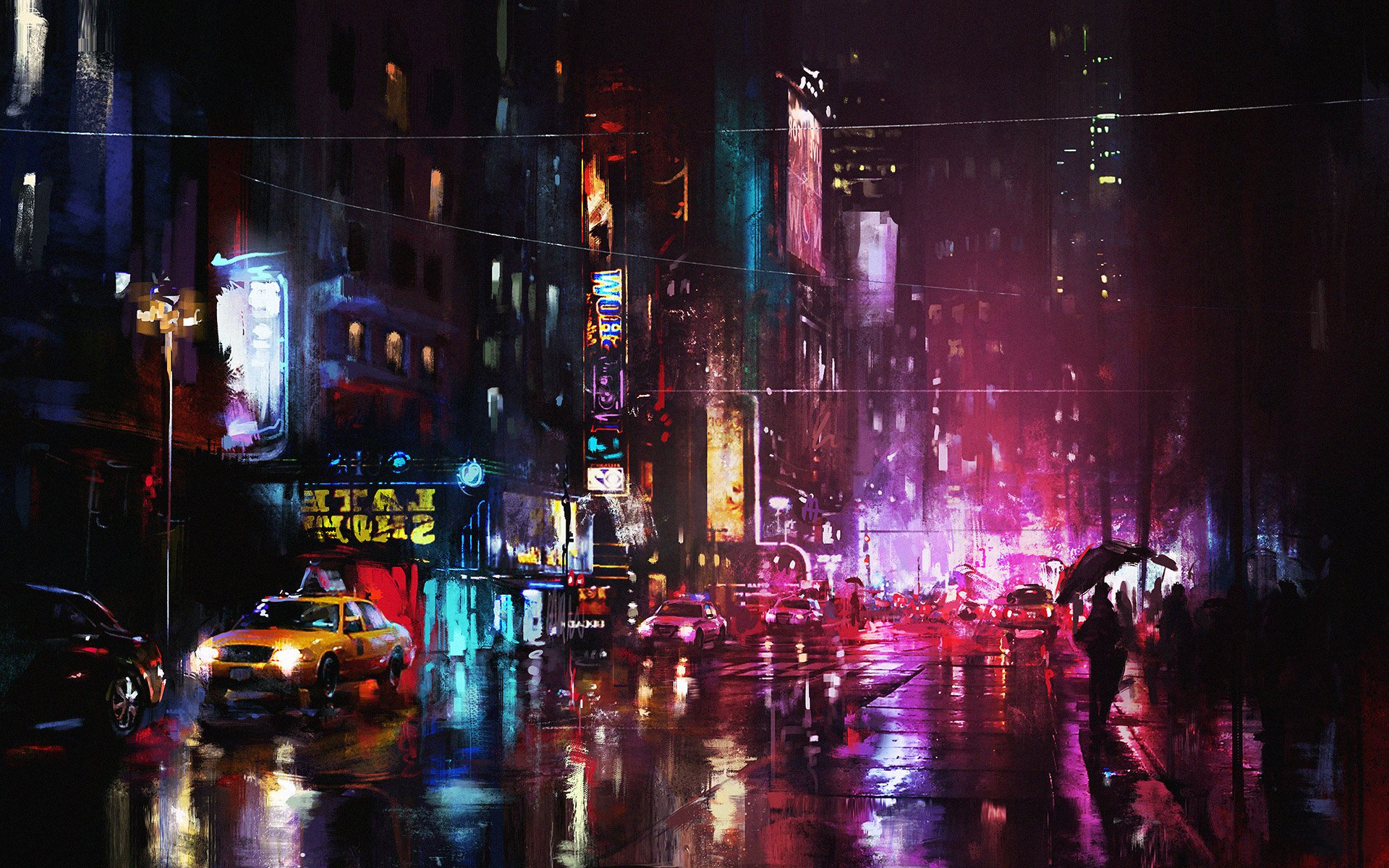 Artistic HD cityscape at night, showcasing vibrant neon lights reflecting on wet streets, capturing a dynamic urban atmosphere for PC desktop wallpaper.