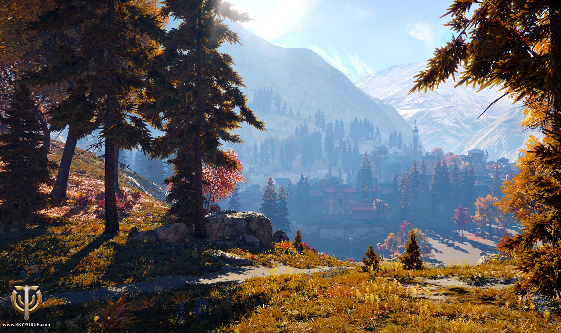 HD PC desktop wallpaper and background from the video game Skyforge: sunlit mountain valley with evergreen trees, autumn foliage and distant misty peaks.