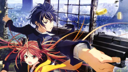 HD desktop wallpaper featuring Rentaro Satomi and Enju Aihara from the anime Black Bullet. The characters are in an action pose with a cityscape in the background.