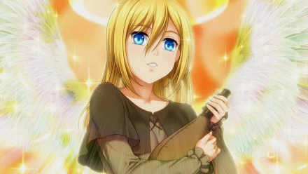 A stunning HD wallpaper featuring Historia Reiss from Attack on Titan, showcasing her with angelic wings, bright blue eyes, and a serene expression amidst a radiant background.