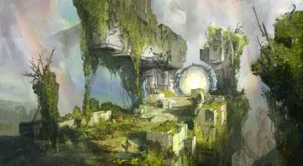 HD PC desktop wallpaper featuring a lush, ancient ruin landscape with a glowing portal from the Destiny video game, blending nature and sci-fi elements.