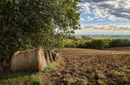 HD PC desktop wallpaper: nature scene with haystack beside a tree, plowed field stretching to green hills under a cloud-dappled blue sky.