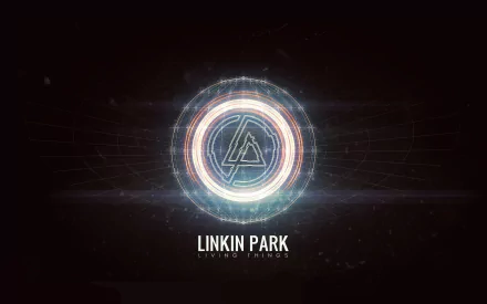 A striking HD desktop wallpaper featuring the Linkin Park logo, set against a dark backdrop with vibrant circular designs radiating light and energy.