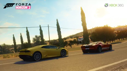 HD PC desktop wallpaper featuring two sports cars racing on a sunlit road from the video game Forza Horizon 2, showcasing detailed graphics and a scenic environment.