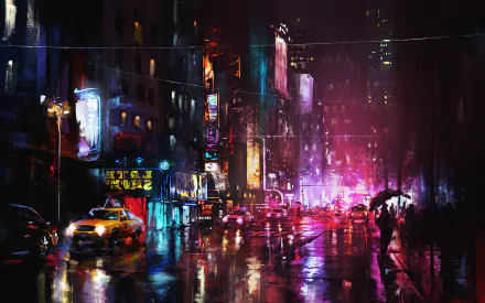 Artistic HD cityscape at night, showcasing vibrant neon lights reflecting on wet streets, capturing a dynamic urban atmosphere for PC desktop wallpaper.