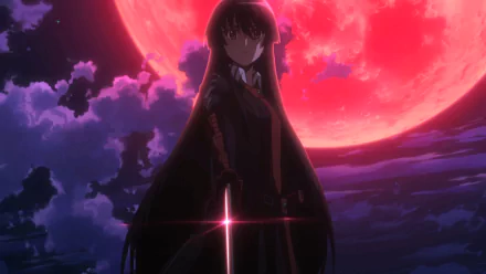 HD desktop wallpaper featuring Akame from Akame Ga Kill! holding a sword against the backdrop of a glowing red moon, surrounded by dark clouds.