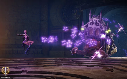 HD PC desktop wallpaper and background from the video game Skyforge: a leaping female warrior unleashes purple magic at a towering armored boss in a dark temple.