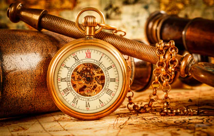 A vintage pocket watch with intricate details rests on an aged map, surrounded by bokeh effects. This HD wallpaper exudes timeless elegance and craftsmanship.