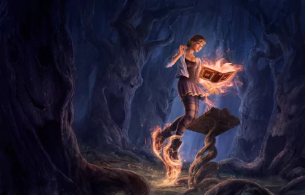 HD fantasy PC wallpaper depicting a witch casting a glowing spell from a magical book in a dark, enchanted forest setting.