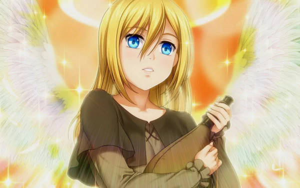 A stunning HD wallpaper featuring Historia Reiss from Attack on Titan, showcasing her with angelic wings, bright blue eyes, and a serene expression amidst a radiant background.