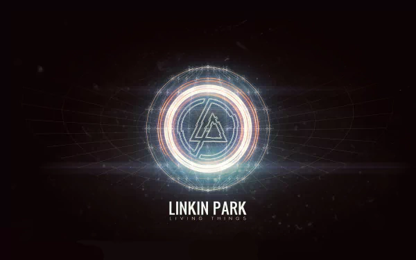 A striking HD desktop wallpaper featuring the Linkin Park logo, set against a dark backdrop with vibrant circular designs radiating light and energy.