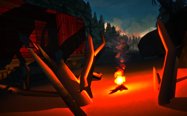 A serene HD wallpaper from the video game The Long Dark, featuring a glowing campfire surrounded by dark silhouettes of trees and distant mountains under a twilight sky.