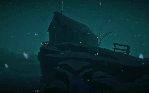 A haunting scene from The Long Dark, featuring a silhouetted cabin against a snowy landscape under a dark, teal sky. A perfect HD wallpaper for fans of the game.