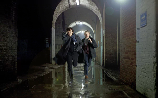 Dr. Watson and Sherlock Holmes, portrayed by Martin Freeman and Benedict Cumberbatch, dash through a dimly lit corridor in this 4K Ultra HD wallpaper from the TV series Sherlock.