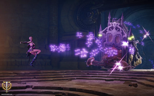 HD PC desktop wallpaper and background from the video game Skyforge: a leaping female warrior unleashes purple magic at a towering armored boss in a dark temple.