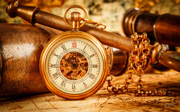 A vintage pocket watch with intricate details rests on an aged map, surrounded by bokeh effects. This HD wallpaper exudes timeless elegance and craftsmanship.