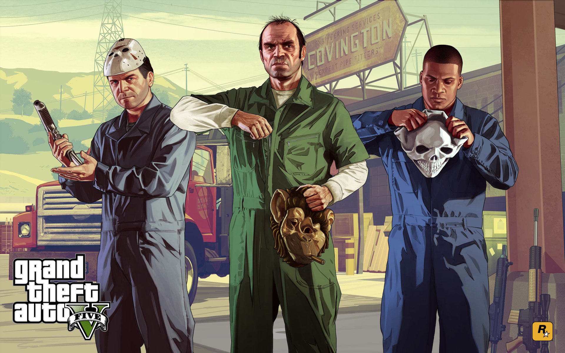 A high-definition wallpaper featuring Franklin Clinton, Trevor Philips, and Michael De Santa from Grand Theft Auto V, set against a backdrop of an industrial area.