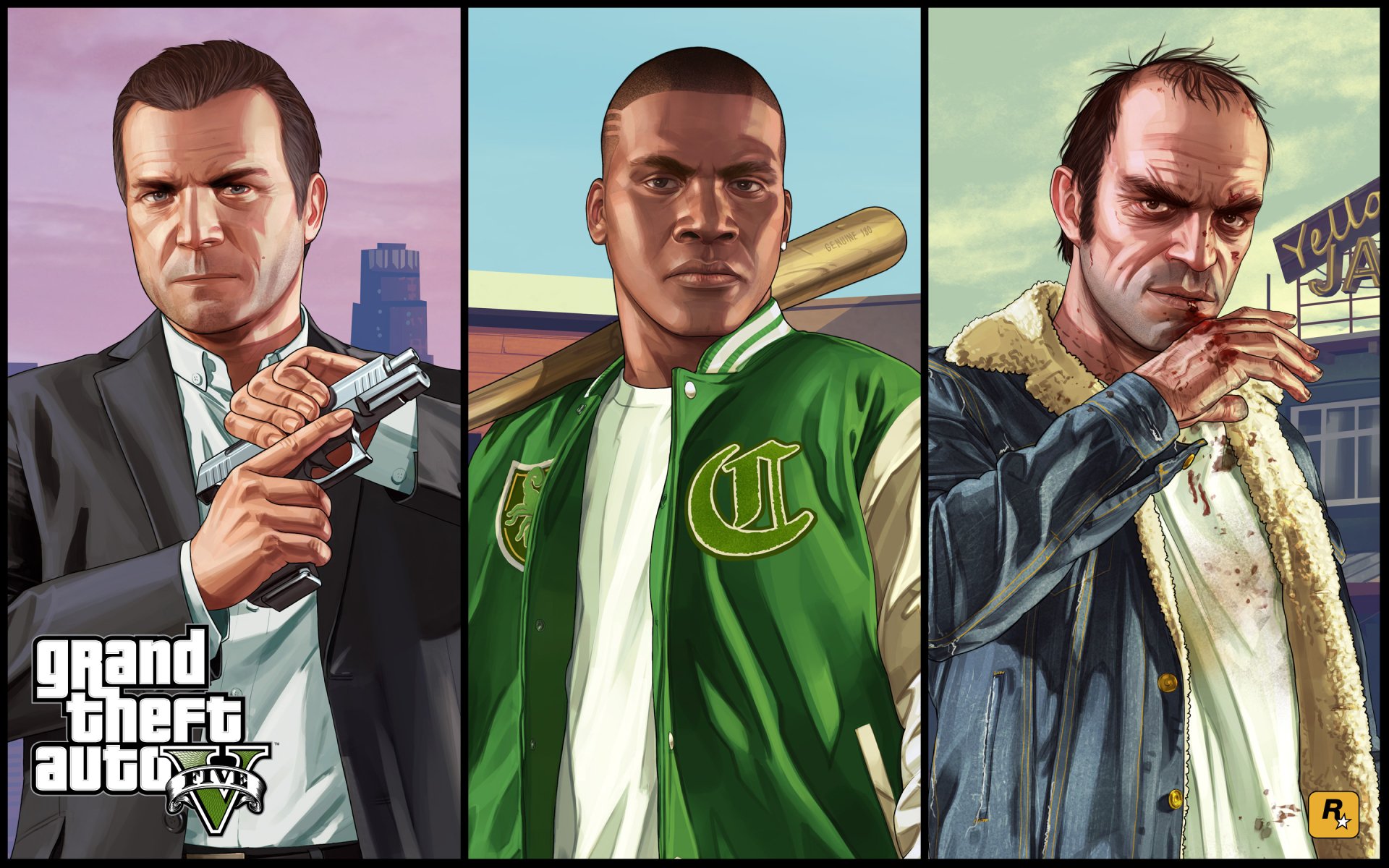 HD wallpaper featuring iconic characters Franklin Clinton, Trevor Philips, and Michael De Santa from the video game Grand Theft Auto V. A striking visual tribute to the game's protagonists.