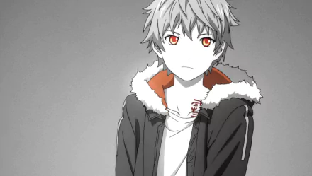HD wallpaper featuring Yukine from Noragami with orange eyes, a tattoo, and a hood on a grey background.