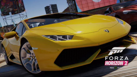 HD PC desktop wallpaper featuring a sleek yellow sports car from the video game Forza Horizon 2 in a dynamic racing scene.