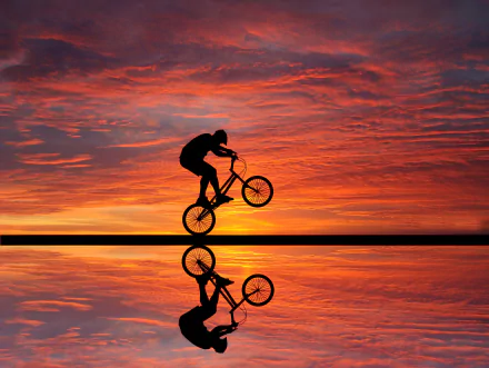 A silhouetted BMX rider performs a trick against a stunning sunset, reflecting on calm waters. Vibrant clouds fill the sky, creating a dynamic sports photography background.
