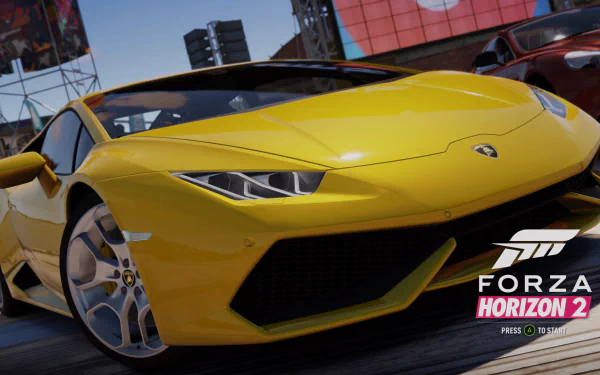 HD PC desktop wallpaper featuring a sleek yellow sports car from the video game Forza Horizon 2 in a dynamic racing scene.