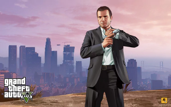 HD PC desktop wallpaper featuring Michael De Santa from the video game Grand Theft Auto V standing before a city skyline at sunset.