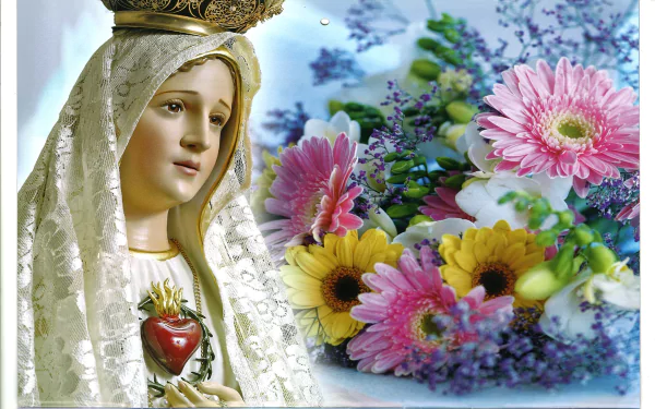 A serene depiction of Our Lady of Fátima, adorned in a delicate veil, surrounded by vibrant flowers, symbolizing faith and devotion in a beautiful HD background.