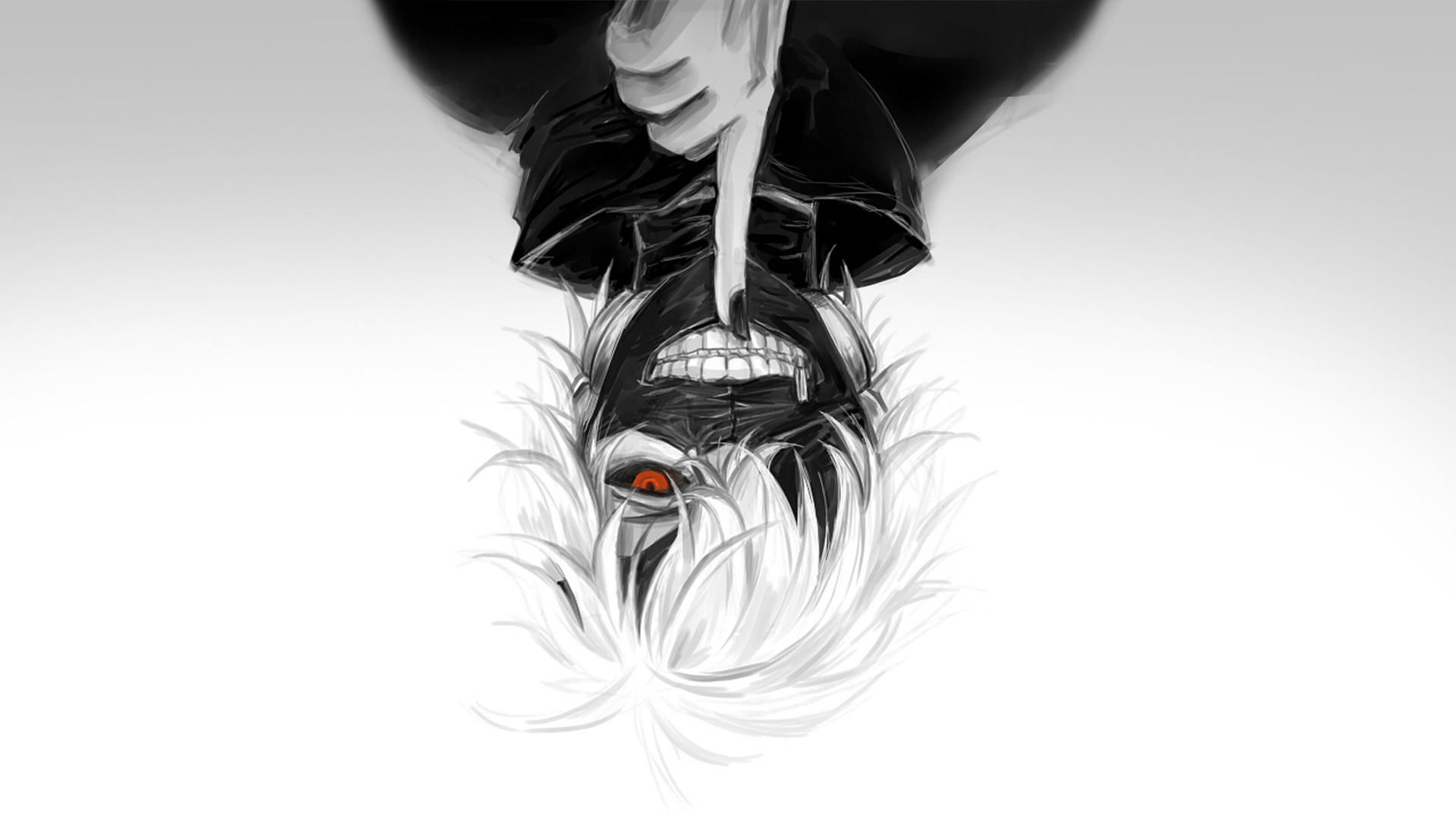 HD desktop wallpaper featuring an upside-down Ken Kaneki from Tokyo Ghoul, with a mask and white hair, set against a minimalist background.