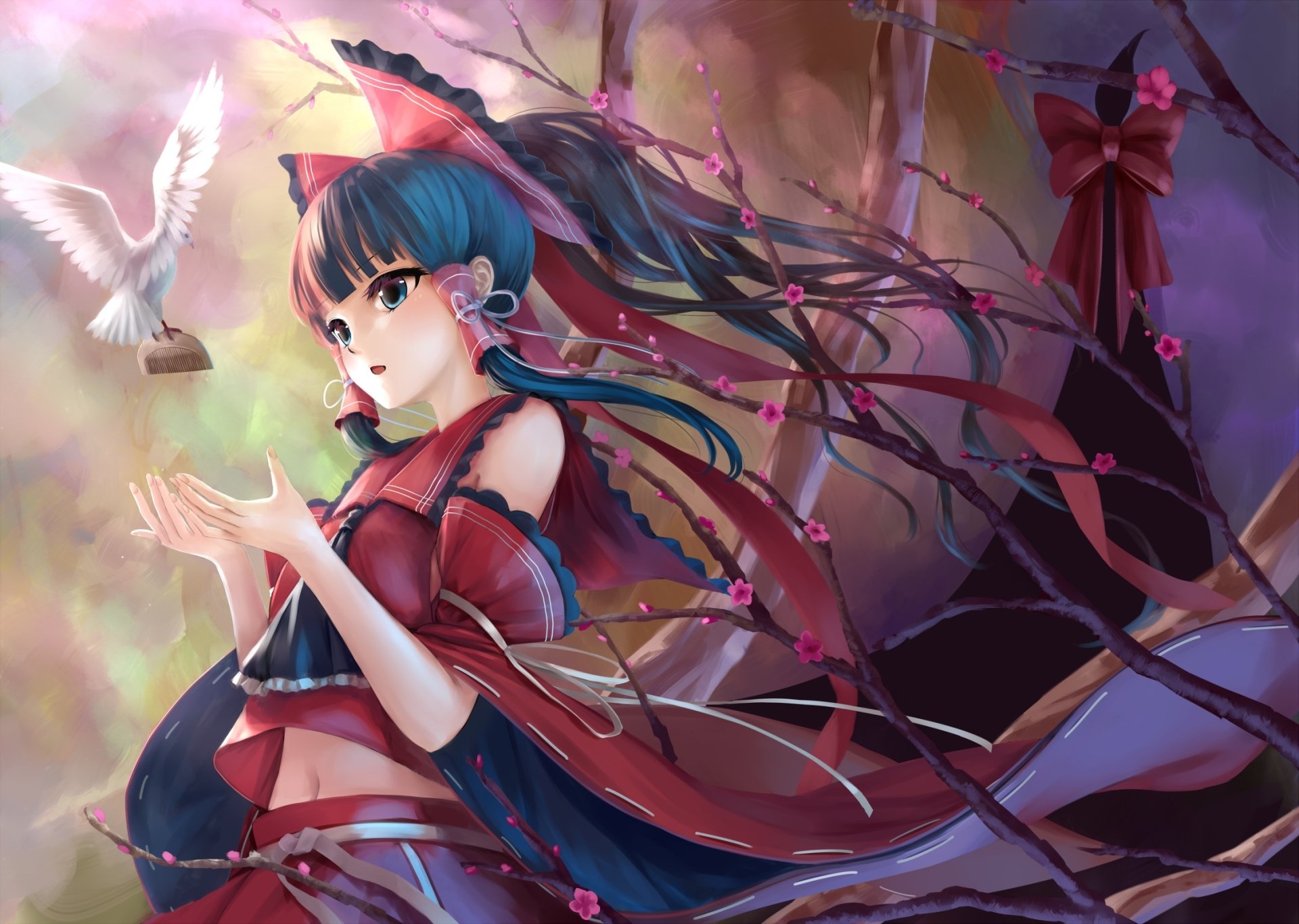 HD desktop wallpaper featuring Reimu Hakurei from Touhou, depicted with blossoms and a dove in a serene, colorful background.