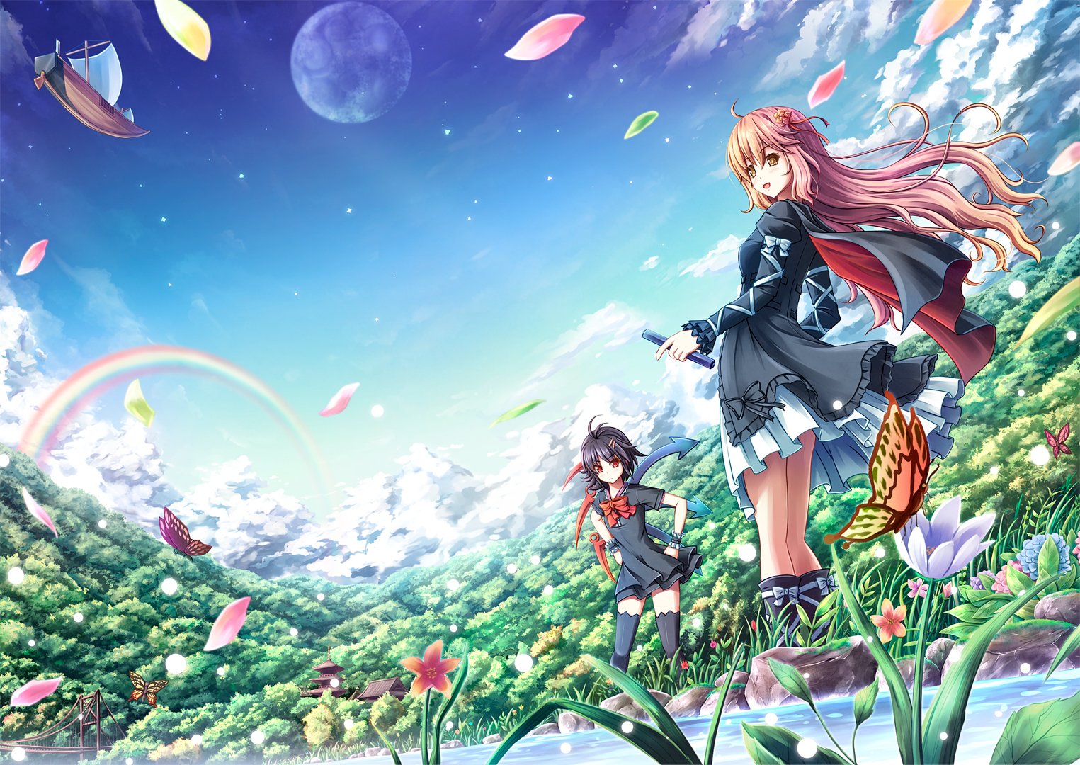 HD anime desktop wallpaper featuring Byakuren Hijiri and Nue Houjuu from Touhou, set against a vibrant sky with floating petals, flowers, and a rainbow.