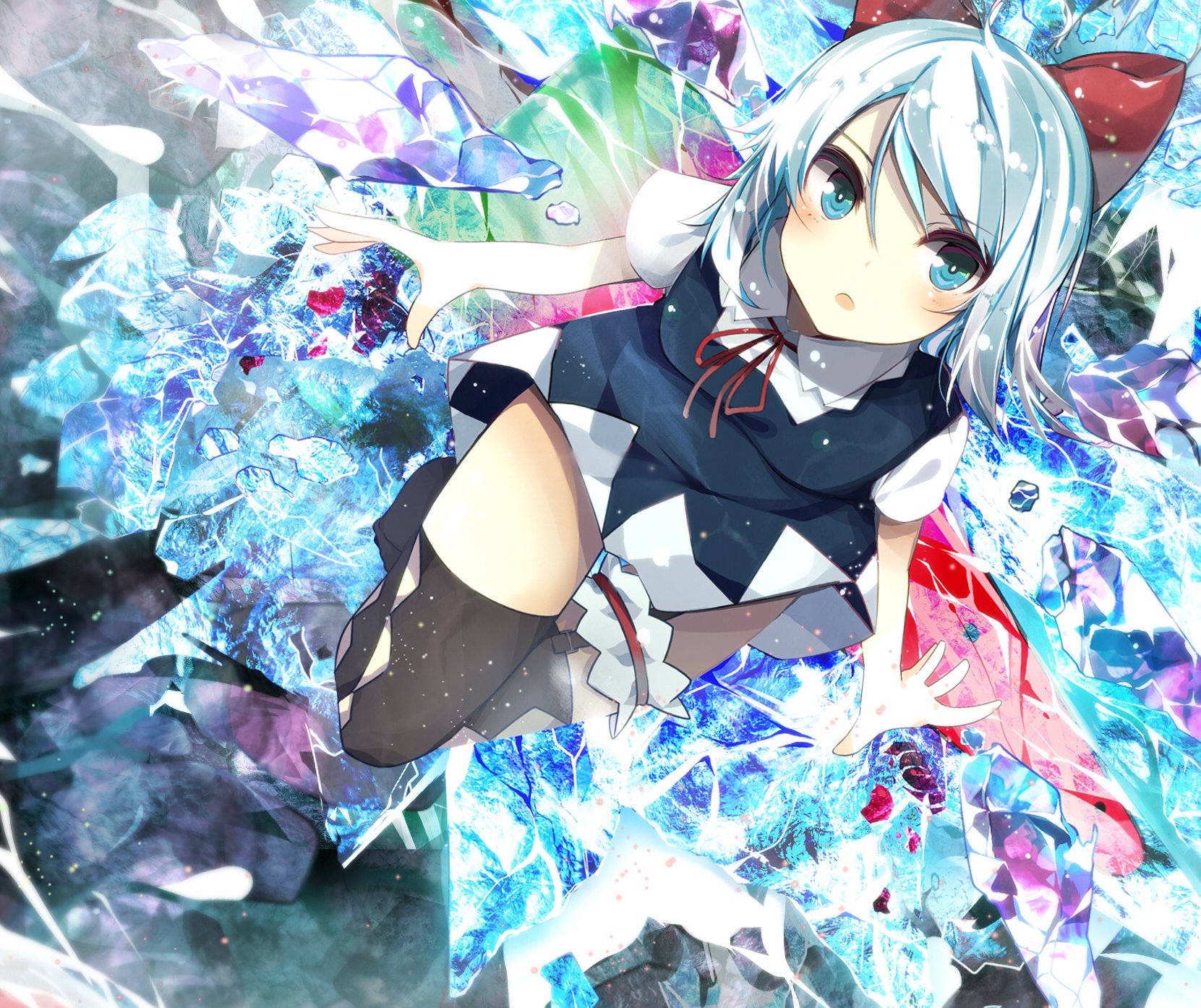 HD PC desktop wallpaper featuring Cirno from Touhou with icy blue tones and anime-style art.