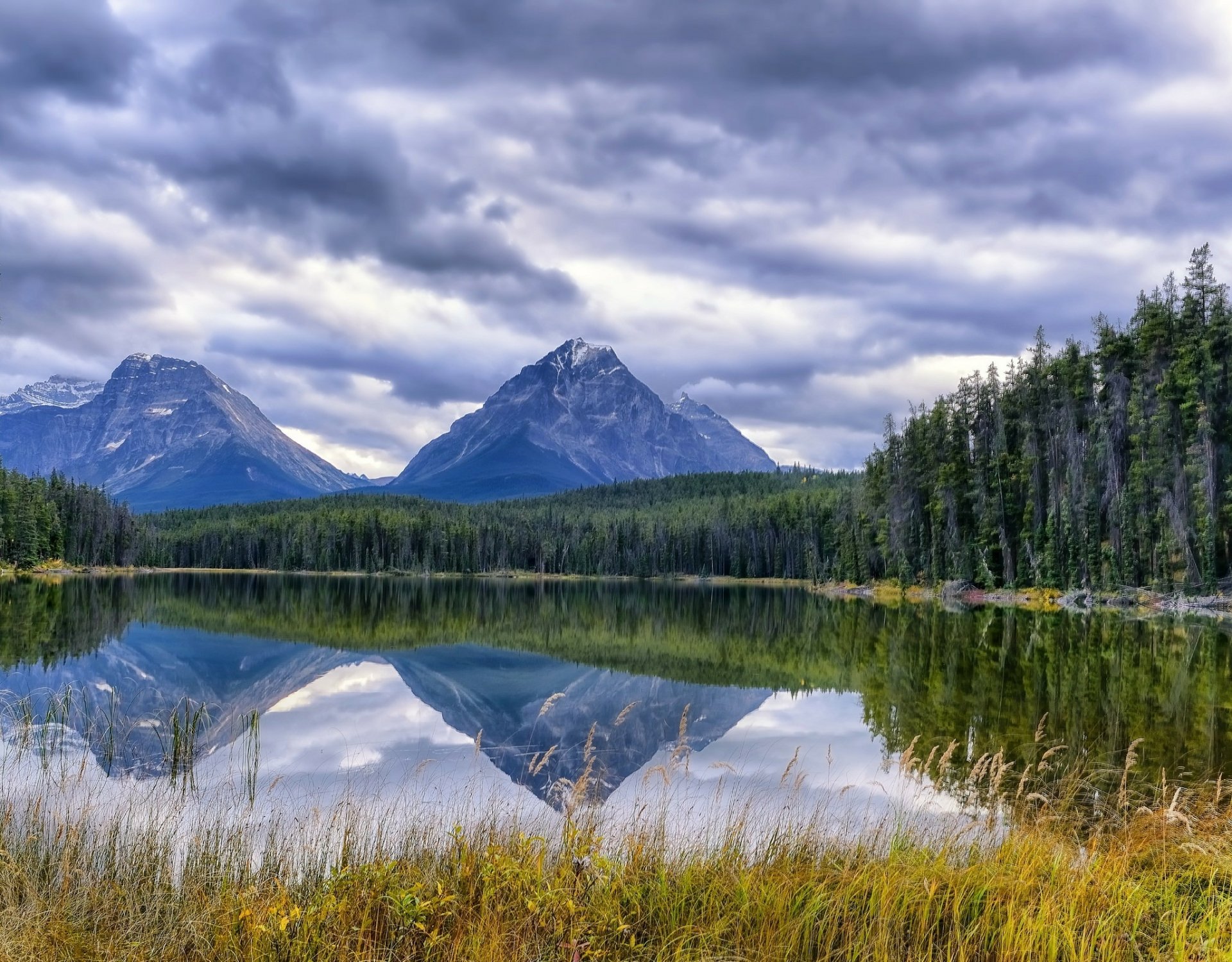 Leech Lake in Jasper National Park, Alberta, Canada — Mount Fryatt and Whirlpool Peak mirrored in the lake beneath dramatic cloud skies, framed by forested shore. HD desktop wallpaper.