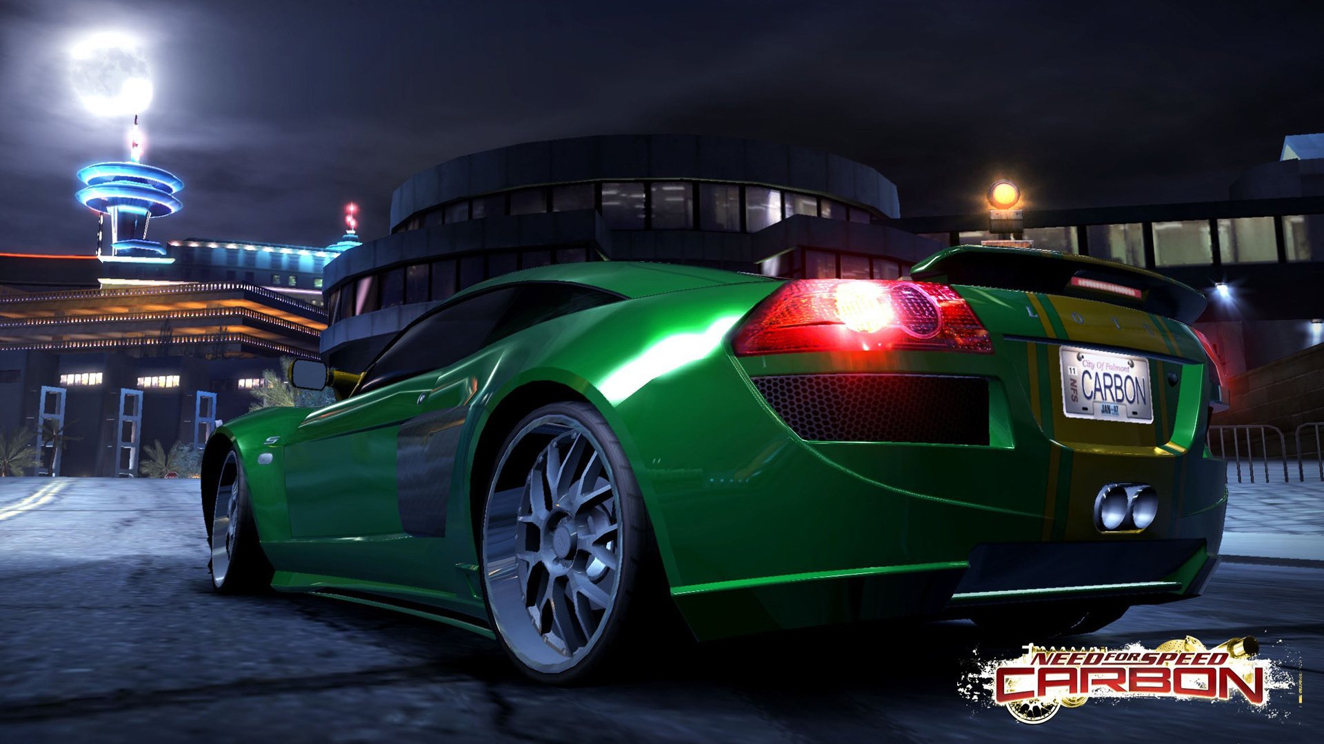 HD PC desktop wallpaper showcasing a green sports car in a night cityscape from the video game Need for Speed: Carbon.