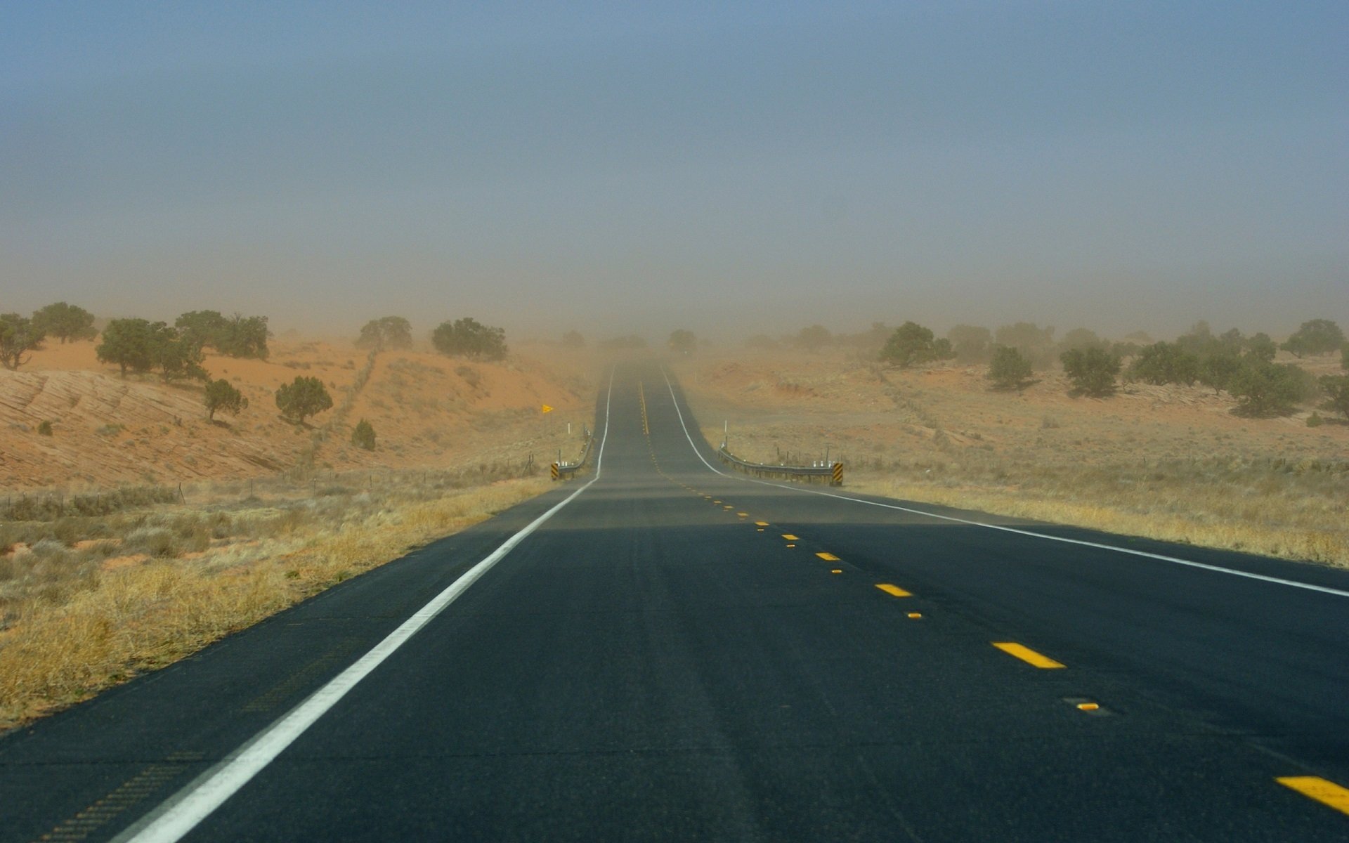 Download Dust Storm Dust Outback Highway Sandstorm Tree Landscape Man Made Road HD Wallpaper