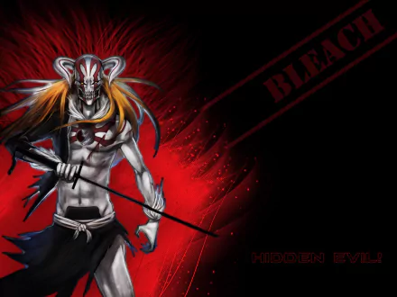 HD desktop wallpaper of Ichigo Kurosaki from Bleach, featuring a striking red and black background with text BLEACH and HIDDEN EVIL!.
