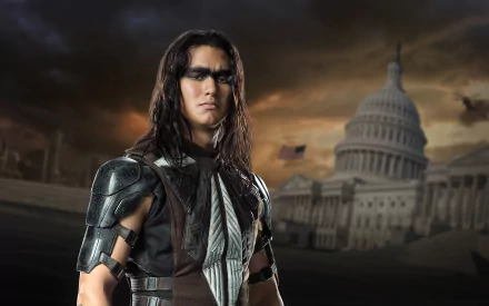 HD PC desktop wallpaper: long-haired masked X-Men mutant warrior in armor from X-Men: Days of Future Past stands before the U.S. Capitol under stormy skies.