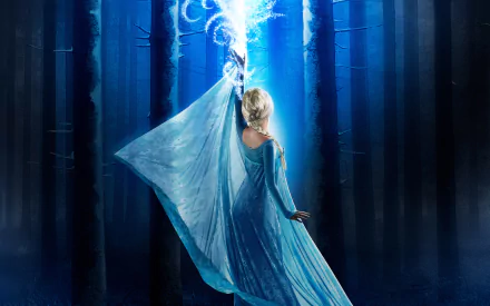 A stunning HD wallpaper featuring Elsa from Once Upon A Time, standing in a mystical forest, her hand raised, casting magical ice sparks amidst the dark, towering trees.