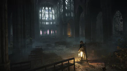 A dark, atmospheric interior from Assassin's Creed: Unity, showcasing a character holding a lantern in a dilapidated Gothic cathedral with stunning 4K Ultra HD detail.