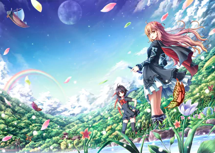 HD anime desktop wallpaper featuring Byakuren Hijiri and Nue Houjuu from Touhou, set against a vibrant sky with floating petals, flowers, and a rainbow.