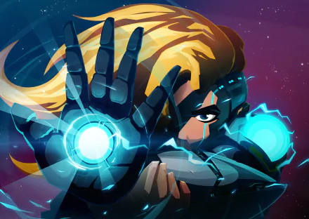 HD PC desktop wallpaper featuring vibrant artwork from the video game Velocity 2X, showcasing a character with glowing blue energy in a dynamic pose against a starry background.