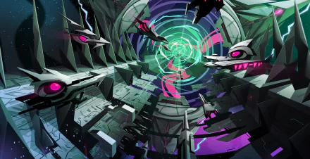 Futuristic tunnel with neon wolf-like drones and a spiraling green vortex, artwork from the video game Velocity 2X — 5K Ultra HD PC desktop wallpaper and background.