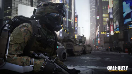 HD desktop wallpaper featuring a soldier in battle gear from the game Call of Duty: Advanced Warfare, set against an urban backdrop with military vehicles.