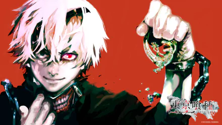 HD wallpaper featuring Tokyo Ghoul's Ken Kaneki with red eye and white hair against a red background.