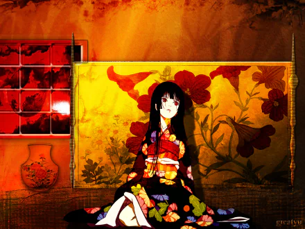 HD anime desktop wallpaper featuring Ai Enma from Hell Girl (Jigoku Shōjo) dressed in a vibrant kimono against a fiery, floral backdrop.