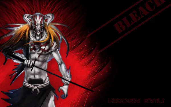 HD desktop wallpaper of Ichigo Kurosaki from Bleach, featuring a striking red and black background with text BLEACH and HIDDEN EVIL!.