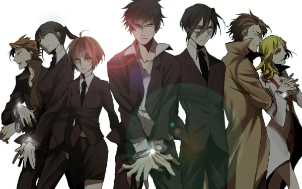 HD Psycho-Pass anime wallpaper featuring main characters in stylish attire against a neutral background.