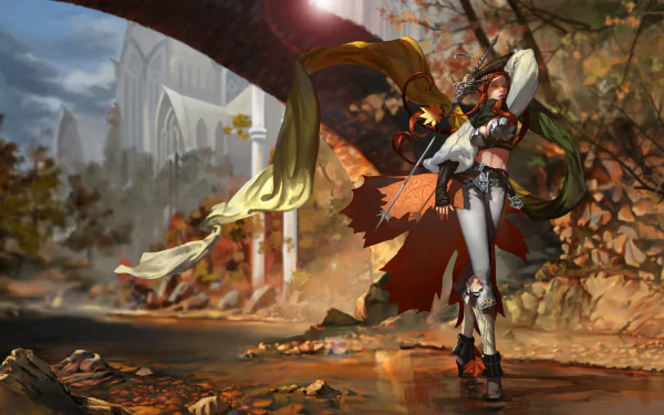 A fantasy elf warrior with a sword stands in an autumn forest near a stream, with a grand castle visible in the background, rendered in 4K Ultra HD detail.