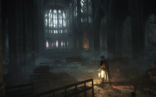 A dark, atmospheric interior from Assassin's Creed: Unity, showcasing a character holding a lantern in a dilapidated Gothic cathedral with stunning 4K Ultra HD detail.